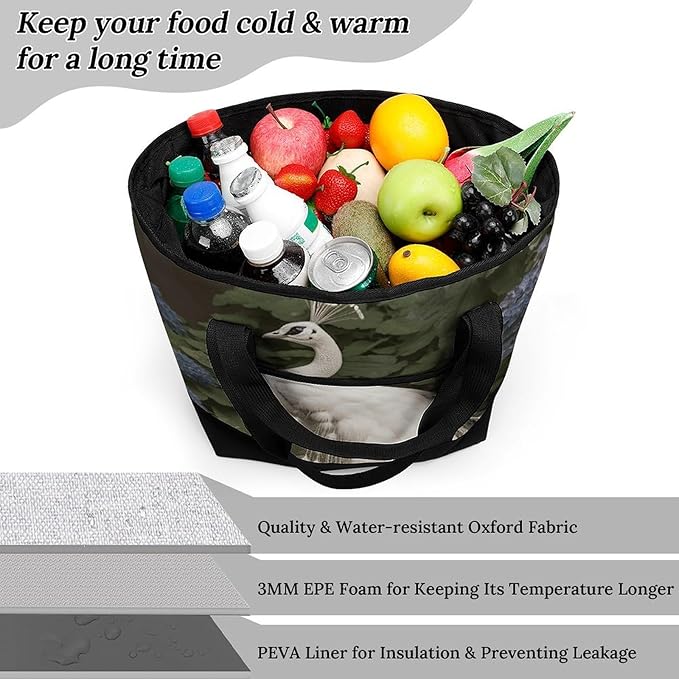 Insulated Shopping BagLarge Reusable Cooler Bags White Peacock Printed Foldable Shopping BagTravel Waterproof Shoulder Bag