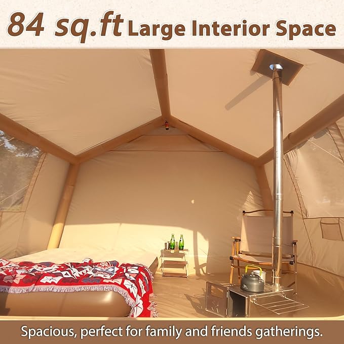 Inflatable Camping Tent with Hand Pump Waterproof Outdoor Blow up Tent 2-8 Person Oxford 4 Season Glamping Air Tent Cabin House with Mesh Windows &amp Door