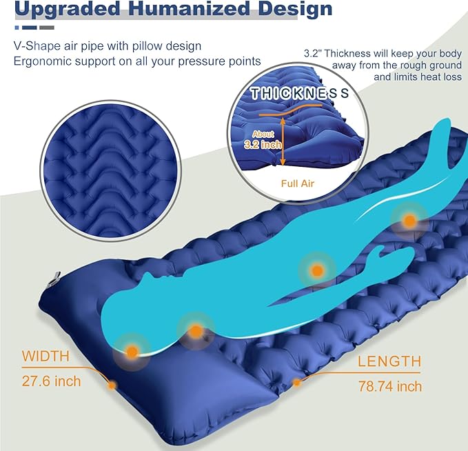 MEETPEAK Sleeping Pad Extra Thickness Inflatable Camping Sleeping Mat with Pillow Built-in Foot Press Compact Ultralight Camping Air Mattress for Backpacking Hiking Tent