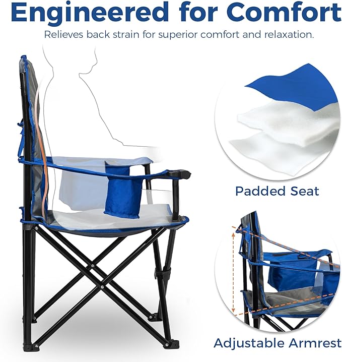 Oversized Padded Camping Chair Heavy-Duty Steel Frame for 450 lbs Supports Convenient 6-Can Cooler Portable Carry Bag Perfect for Outdoor Beach and Hiking (Gray &amp Sapphire Blue)