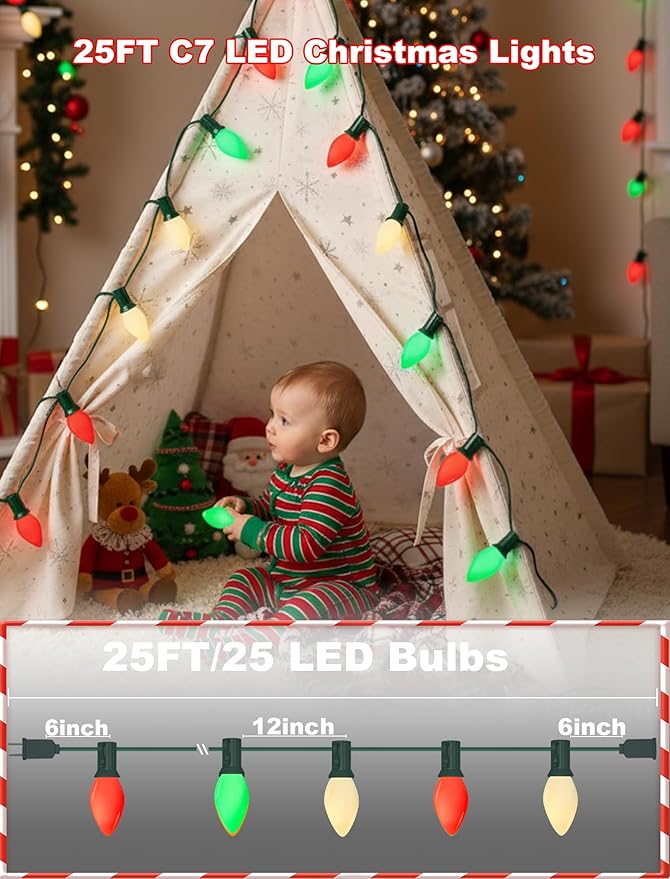 C7 LED Christmas Lights Outdoor - 25ft Red White and Green String Lights With 27 Ceramic Bulbs(2 Spare) Waterproof Commercial Grade Extendable for Indoor Outdoor Roofline Patio Yard Xmas Decor