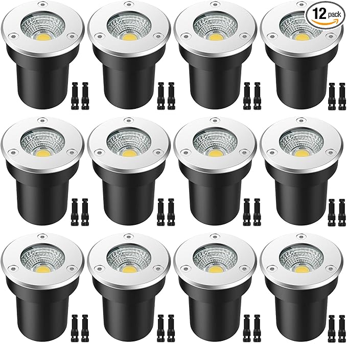 LED Landscape Lights 12 Pack 7W Ground Lights With 24 Connectors Low Voltage In-Ground Well Pathway Lighting Daylight White Waterproof for Driveway Deck Garden