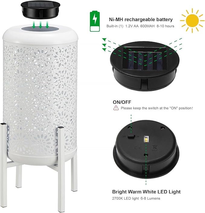 Glitzhome Solar Lantern White Metal Cutout Flower Pattern Outdoor Hanging Solar Light with Stand for Garden Patio Yard Outdoor Decor