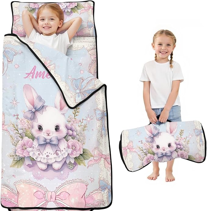 Personalized Toddler Nap Mat – Custom Name Sleeping Bag with Pillow &amp Blanket Roll-Up All-in-One Nap Mats