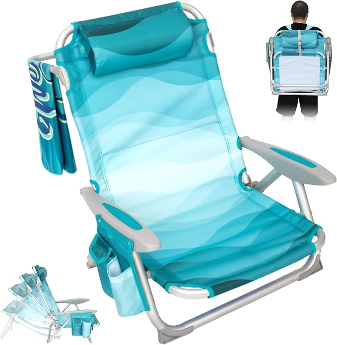 #WEJOY Beach Chair for Adults Reclining Adjustable Position Lay Flat Lightweight Folding Portable Aluminum Chair with Backpack StrapsPadded headrest Heavy Duty 400 lbs Lawn Chair for Beach Sand