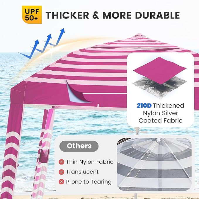 Zeraty Beach Cabana 8'×8' Portable Beach Canopy with Side Wall Easy Pop Up UPF 50+ Silver-Coated Beach Tent Sun Shelter Wind Resistant Adjustable Height Beach Umbrella Tent for Family Pink