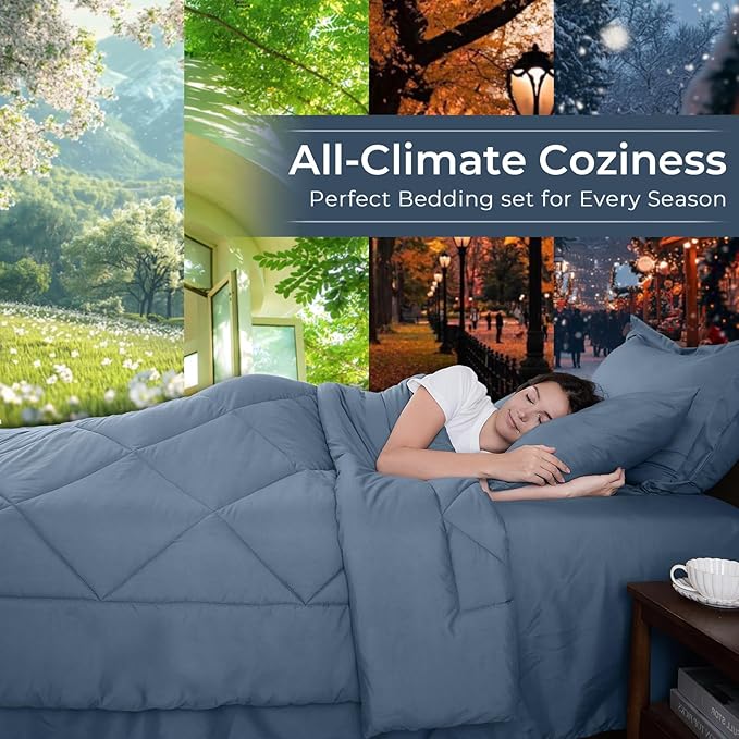 HEVUMYI Dusty Blue Cali-King Comforter Set - 7-Piece All Season Bed in a Bag Cali-King Ultra Soft Bedding Set with Comforter Flat Sheet Fitted Sheet Pillowcases Pillow Shams