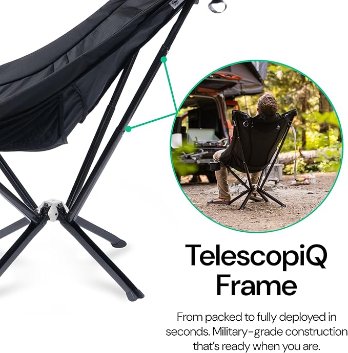 CLIQ EpiQ 1.0 Outdoor Lounge Chair - Folding Camping Chairs Set Up in Seconds - Lightweight Recliner Chair - Military Grade Frame Supports 400 Lbs Outdoor Adventures Black