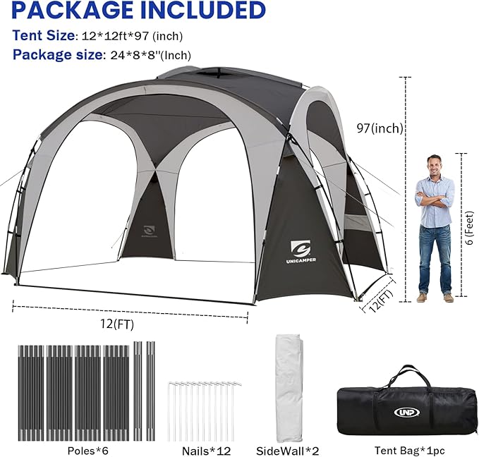 Beach Tent 12 X 12ft Large UPF50+ Pop Up Canopy with 2-Pcs Side Wall Sun Shelter Rainproof Waterproof for Camping Trips Backyard Fun Fishing Parties Or Picnics(Gary)