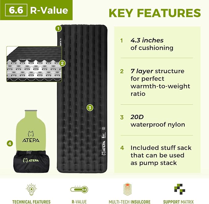 ATEPA ThermAir Pro Backpacking Inflatable Sleeping Pad 6.6 R-Value Insulated Ultralight Portable Camping Pad Thick Camping Mat for Camping Backpacking Tent Wide Long Size 78x27 Black