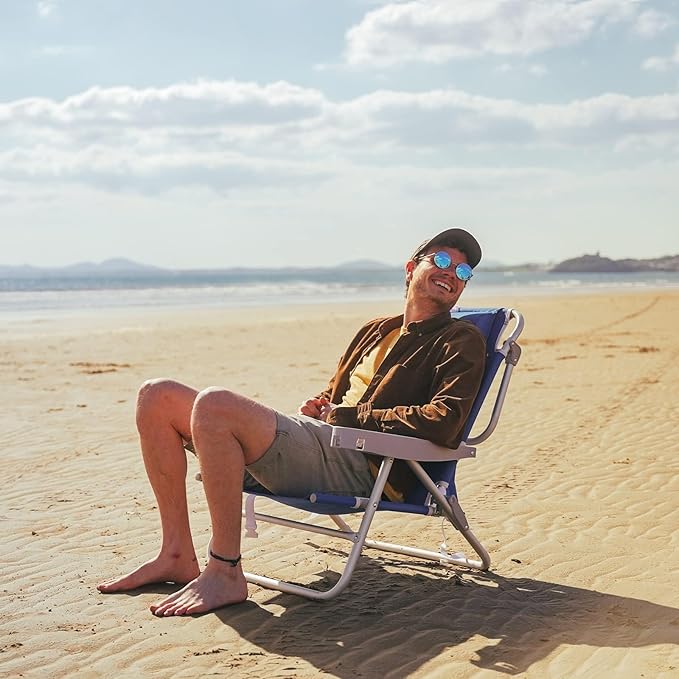 SUNNYFEEL Extra Wide 28 Low Beach Chair 5 Position Lay Flat XL Oversized Portable Folding Camping Chairs with Cup Holder for Outdoor/Trip Lightweight Foldable Backpack Beach Chair for Adults