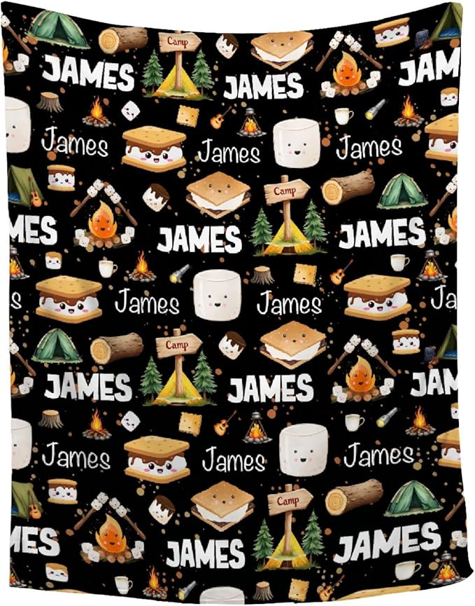 Custom Marshmallow Blanket with Name | Personalized Camping Blanket for Girls Boys | Ultra Soft Customized S'Mores Throw for Couch/Sofa/Travel/Camping Home Decor - 40x50-Kids/Throw Size