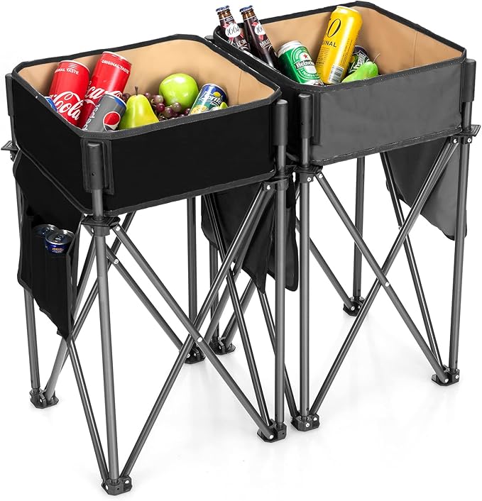 Goplus 2 PCS Folding Camping Tables Portable Picnic Tables with Large Capacity Storage Sink Side Pockets Anti-Skid Feet Lightweight Tables for Hiking Fishing BBQ Beach (Black+Grey)