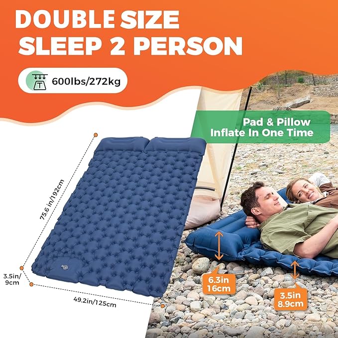 KingCamp Sleeping Pad for Camping Ultralight Connectable Inflatable Sleeping Pad Camping Mattress with 6.3 Built-in Pillow &amp Foot Pump for Backpacking Hiking Tent Cot