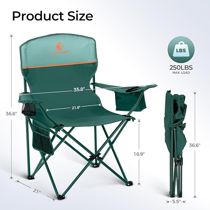 ALPHA CAMP Camping Chair 2 Pack Portable Chair with 3-Can Cooler Folding Chair with Side Pocket and Cup Holder Collapsible for Camping Tailgates Beach Fishing and Sports2PC