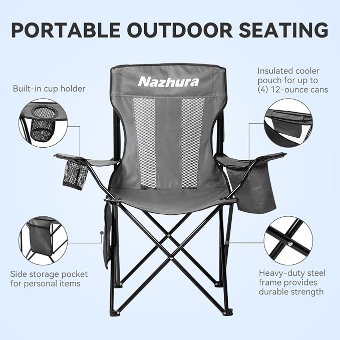 Nazhura 4 Pack Outdoor Camping Chairs Folding/Foldable/Portable with Cooler Pouch Mesh Backrest and Cup Holder Pocket(Grey) (Grey 4 Pack)