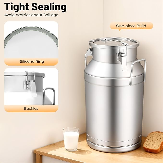 Stainless Steel Milk Can 40L/10.57Gal Metal Airtight Canister Food Storage Container with Lid &amp Clamps Bean Rice Cereal Storage Bucket for Kitchen Restaurant W13.4*H22in