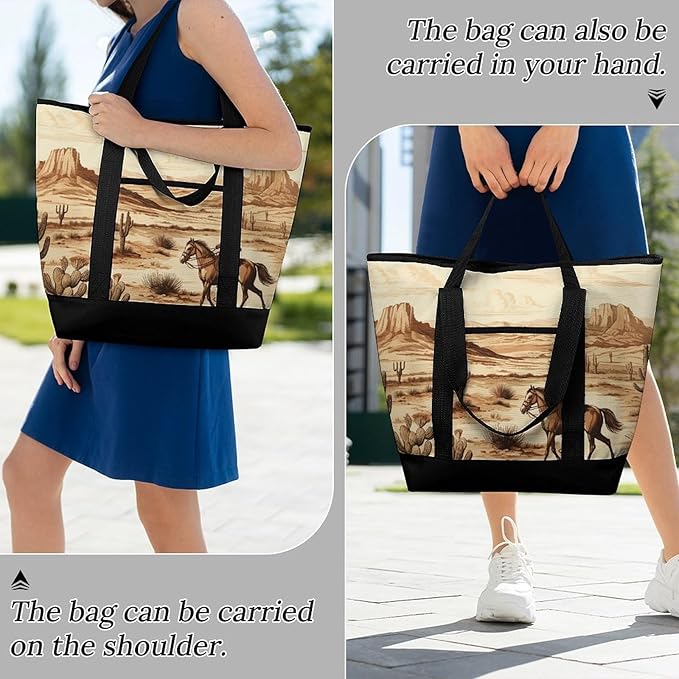 Insulated Shopping BagLarge Reusable Cooler Bags West Desert Cactus with Cowboys Riding Horses Printed Foldable Shopping BagTravel Waterproof Shoulder Bag