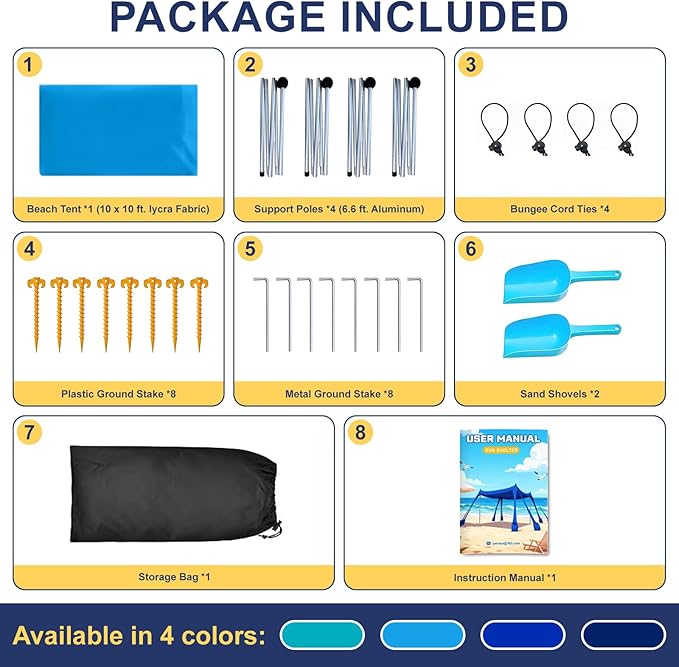 Beach Tent Sun Shelter UPF 50+10x10 FT Beach Canopy Tent Sun ShadePop Up Beach Canopy with 8 Sandbags Outdoor Beach Shade for Camping Trips Fishing Backyard Fun Picnics (Sky Blue)