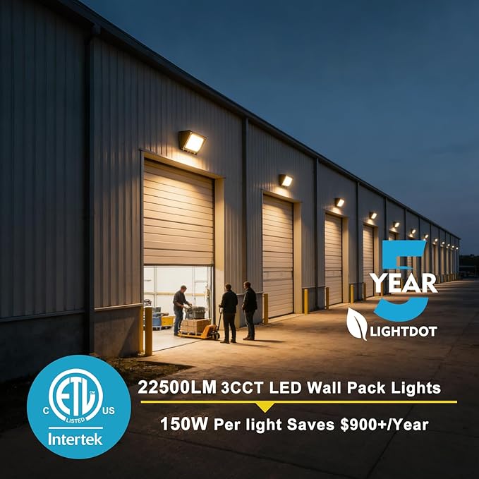 Lightdot 4Pack 150W LED Wall Pack Lights 3CCT Selectable (3000K/4000K/5000K) 100-277v Dusk to Dawn with Photocell 22500Lm 5000K IP65 Outdoor Exterior Lighting for Warehouse Garage(Height:10~20ft)