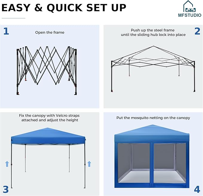 MFSTUDIO 10'x10' Pop Up Canopy Tent with Netting Portable Instant Folding Canopy Outdoor Canopy Screen Event Tent with 4 Zippered Mesh Netting for Garden Blue