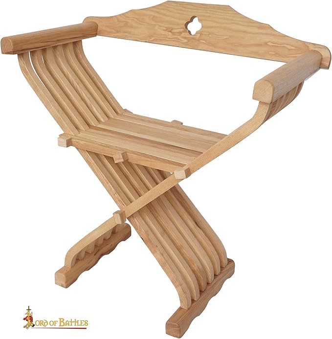 Lord of Battles Medieval Wooden Savonarola Chair with Backrest - Ash Wood Folding Camp Seat Bent Armrests &amp Detachable Back Support