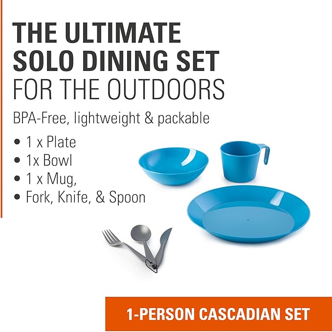GSI Outdoors Cascadian 1 Person Table Set I 6-Piece Camping Backpacking Mess Kit Plastic BPA Free Plate Bowl Mug Cup &amp Cutlery Set
