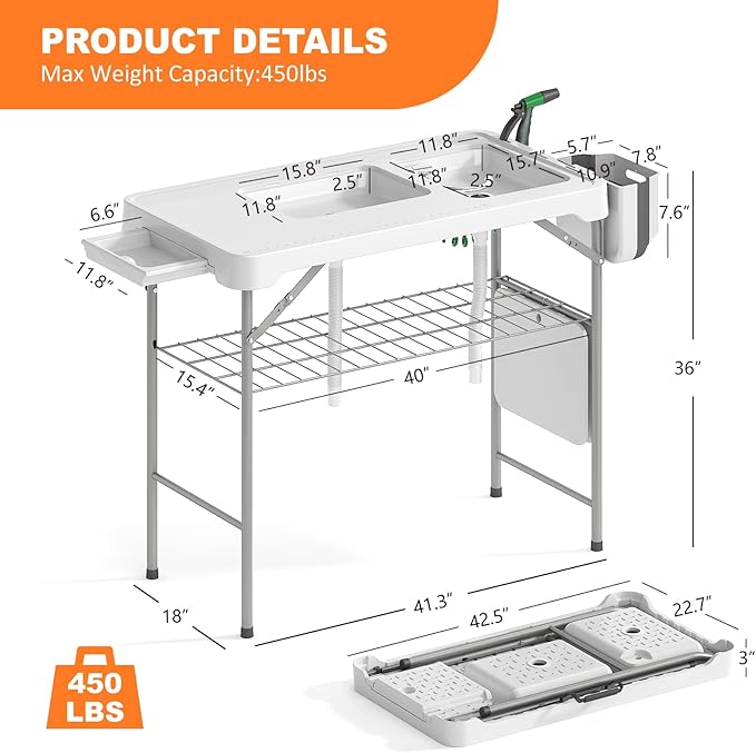Folding Fish Cleaning Table with 2 Sinks 42.5'' Portable Camping Sink Table with Foldable Faucet Drainage Hose Sprayer Storage BoxDrawer &amp Grooves Outdoor Fillet Station for Picnic White