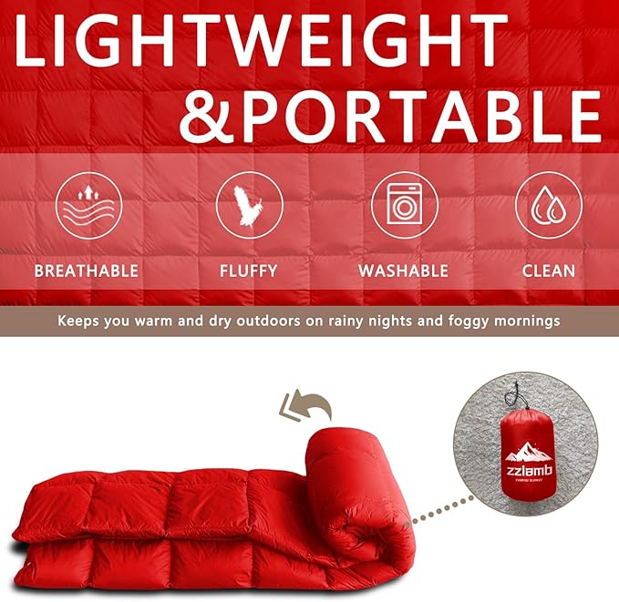 zzlamb Puffy Down Camping Blanket Water-Repellent Down Throw Travel Blanket Portable for Outdoor Light Warm Quilt for Couch Plane Car Theater Stadium Picnic RV Backpacking Hammock