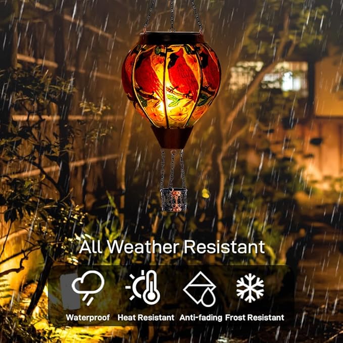 DREAMSOUL 2PCS Cardinal Hot Air Balloon Solar Lantern Hanging Glass Solar Lanterns Outdoor Waterproof for Yard Party Gift
