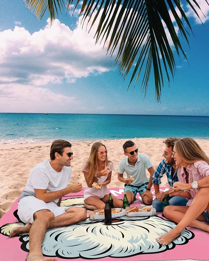 Beach Blanket Waterproof Sandproof Oversized Merry Christmas Words on Pink Beach Mat with Corner Stakes Sand Pockets Funny Santa Claus Outdoor Picnic Mat for Travel Camping Hiking 95x80In