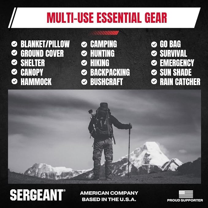 SERGEANT Poncho Liner Woobie Camping Blanket and Carry Bag. Waterproof Windproof Military-Grade All-Weather Rugged Rip-Stop Camping Hunting Hiking Picnic Survival Outdoor Blanket in Black