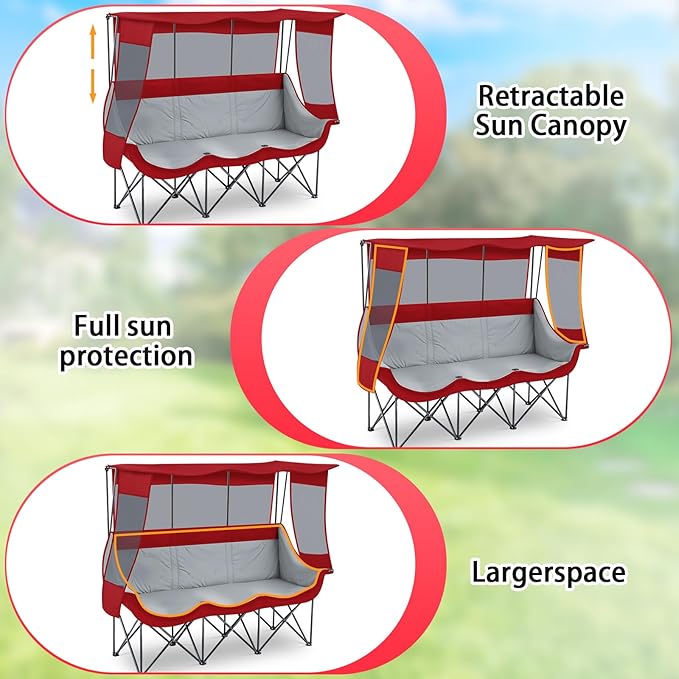 3 Person Camping Chair with Canopy Shade 700lbs Heavy Duty Oversized Beach Camping Chair with Thick Cushion Cup Holder and Carry Bag Foldable Portable Sofa for Lawn Beach Outdoor(Dark Red)