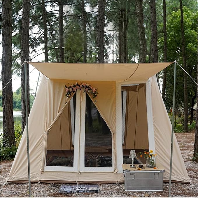 UNISTRENGH Waterproof Cotton Canvas Cabin Tent 4 Season Outdoor Family Camping Tent Shelters with Awning &amp Extra Wide Mesh Doors