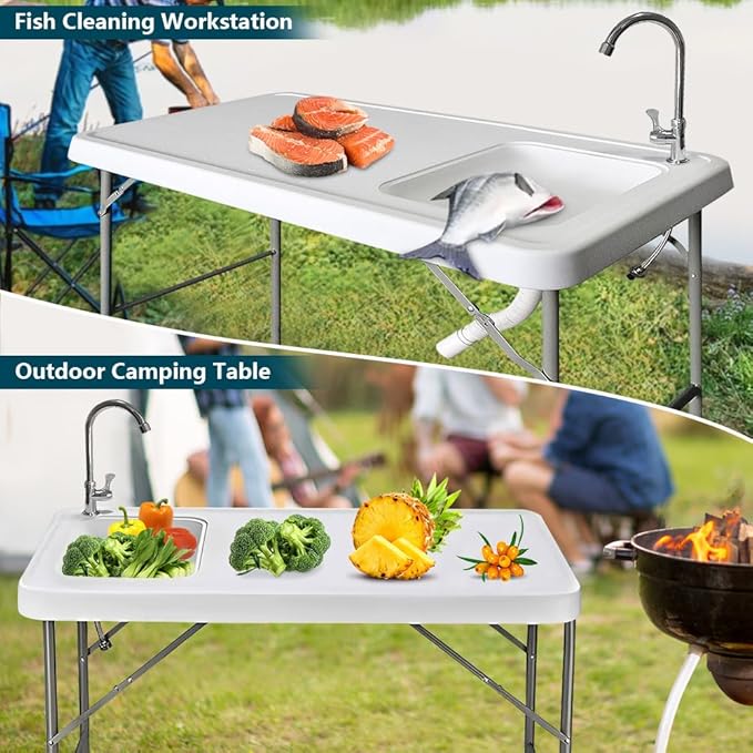 4FT Fish Cleaning Table with Sink 47'' Folding Portable Camping Outdoor Fillet Station with Detachable Faucet Drainage Hose for Picnic Camping Kitchen Gardening White