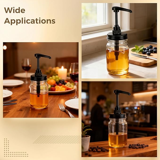 6 Pcs 70 Mm Regular Mouth Black Pump Lids for Mason Jars Honey and Syrup Dispenser Replacement