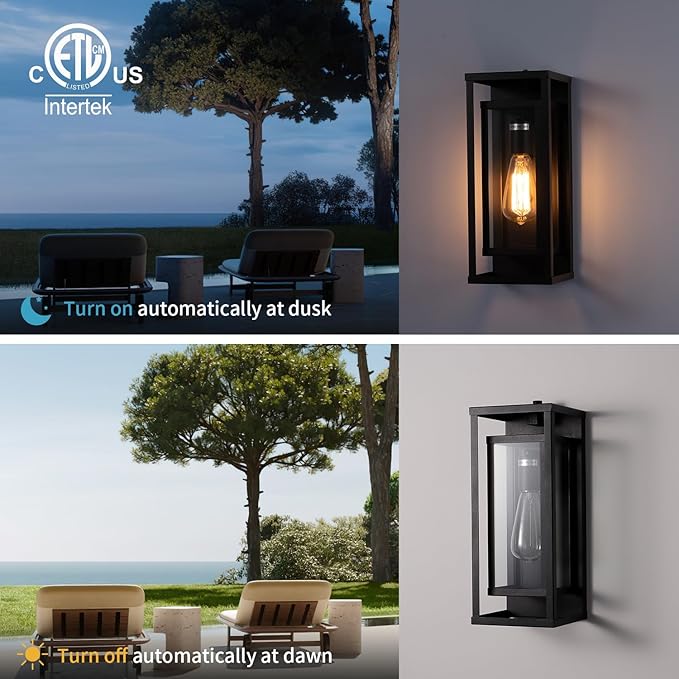 mirrea 14 Dusk to Dawn Outdoor Wall Sconce 1 Light in Matte Black Rectangular Metal Frame and Clear Glass Shade Waterproof Porch Light Patio Light