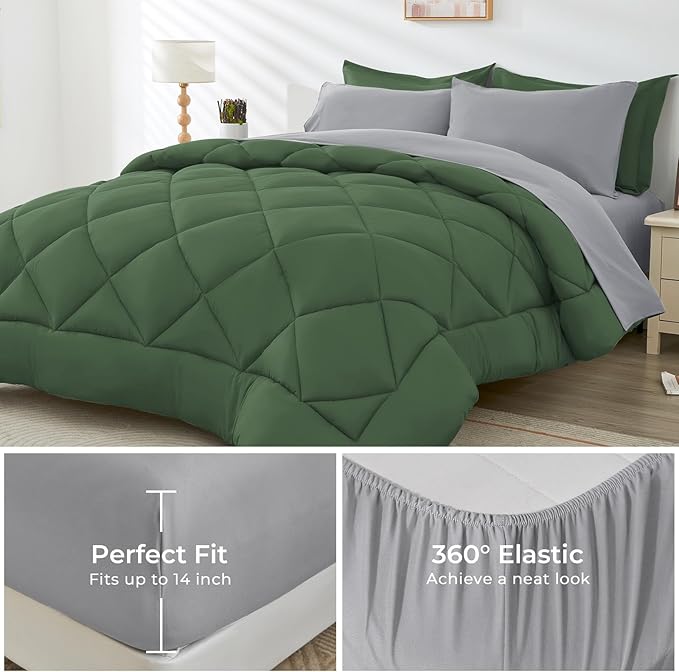 HEVUMYI Queen Comforter Set - 7-Piece All Season Bed in a Bag Queen Ultra Soft Bedding Set with Comforter Flat Sheet Fitted Sheet Pillowcases Pillow Shams Green &amp Light Grey