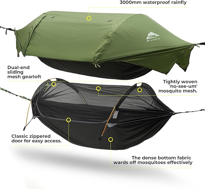 Camping Hammock Tent with Mosquito Net &amp RainFly 3 in 1 Waterproof Lightweight Portable Sleeping Hammock Bug Travel Outdoor Gear with Tree Strap Swing for Hiking Patio Expedition