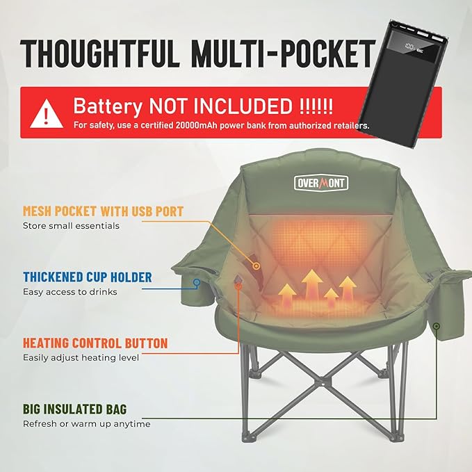 Overmont Gentle Heated Oversized Camping Chair for Adults - 3 Levels Seat &amp Back Separately Control - 400lbs Support Heavy Duty Padded Folding Chair Outdoor Garden Portable - Battery NOT Included