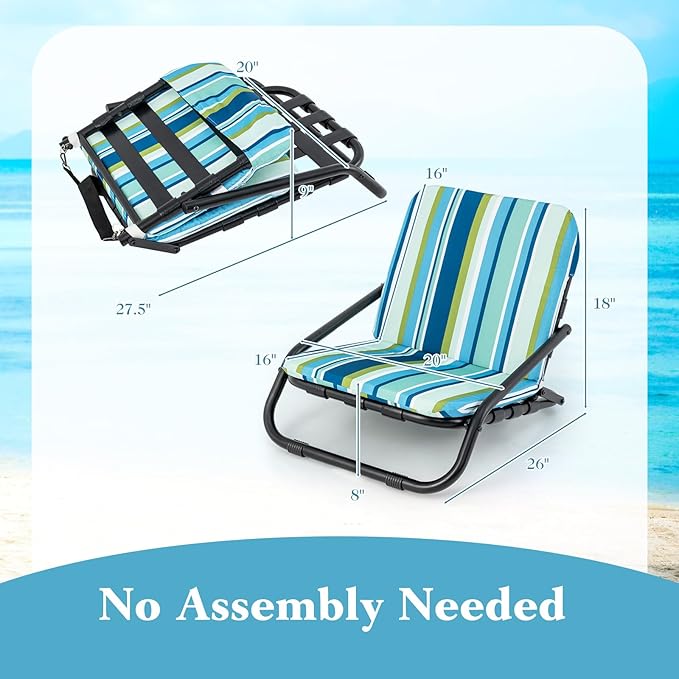 GYMAX Beach Chair 2 Pack 300LBS Low Beach Chair with Shoulder Strap Removable Cushion &amp Aluminum Frame Folding Reclining Beach Chair Heavy Duty Portable Beach Chair for Adults (2 Blue Stripe)
