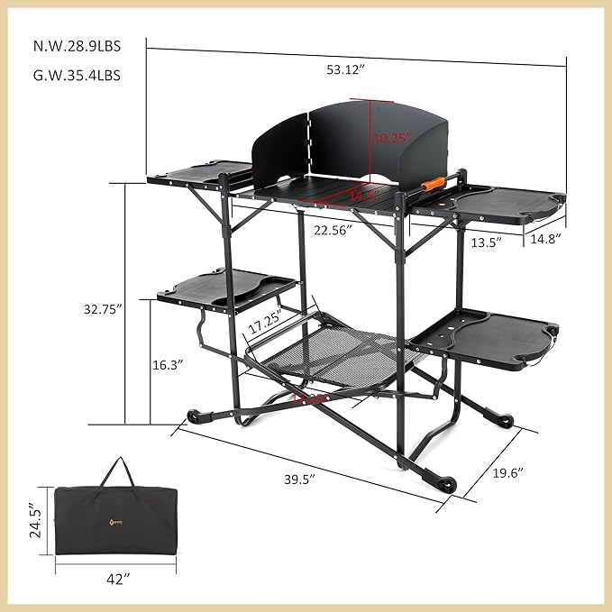 ARROWHEAD OUTDOOR 54 Wide Quick Folding Kitchen Station with Add-on Windscreen 4 Side Tables Aluminum Tabletop Tool-Hanging Cord 154 LBS Max Weight Load for Patio BBQ and Camping
