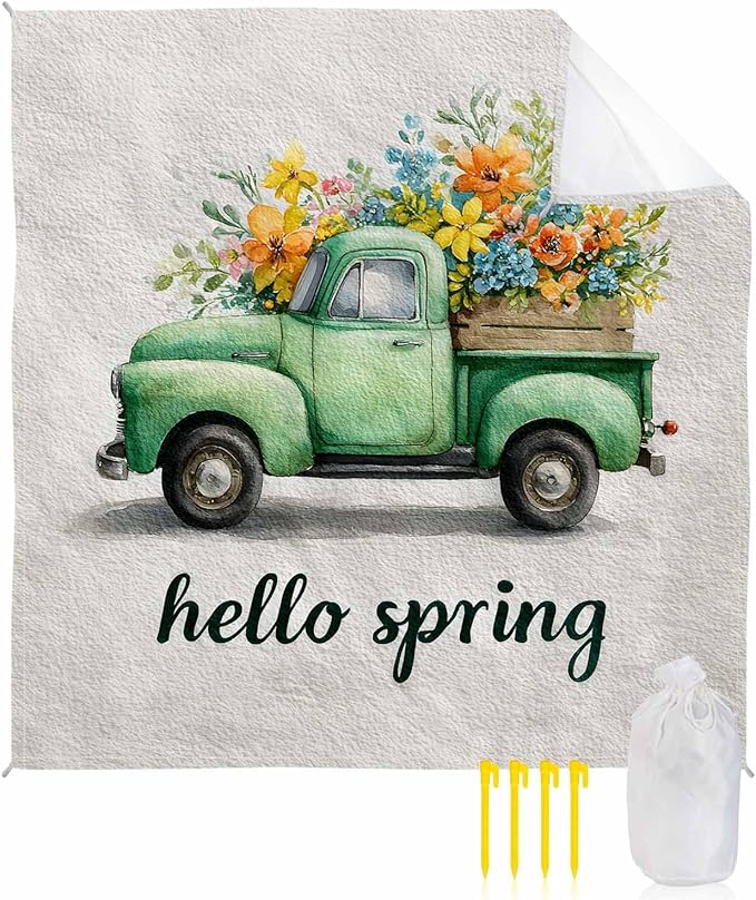 Beach Blanket Waterproof Sandproof OversizedHello Spring Green Truck Flower Beach Mat with Corner Stakes Sand PocketsWatercolor Floral Art Outdoor Picnic Mat for Travel Camping Hiking118x108In