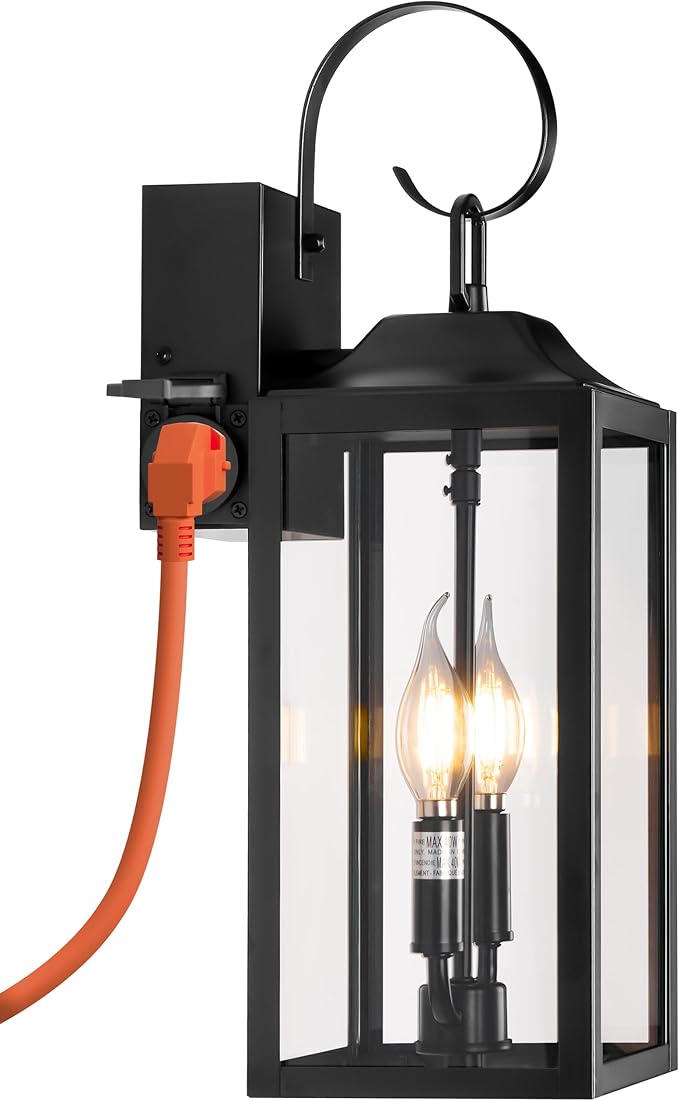 19 Large Porch Light with Outlet Black Large Outdoor Wall Lantern 2-Light Exterior Lighting Fixtures Modern Outdoor Wall Light with Outlet Farmhouse Sconce Lantern for House Front Door Garage