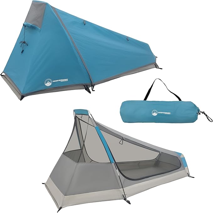 Single Person Tent - 1 Person Camping Tent with Rainfly and Carrying Bag - Lightweight Outdoor Bivy Bag Shelter for Backpacking Hiking or Camping Essentials by Wakeman Outdoors (Blue)