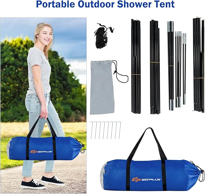Goplus 2 Room Shower Tent Portable Camping Changing with Floor Drain Detachable Rain Fly Stakes &amp Ropes UV Protection Water Resistant Privacy for Outdoor Toilet Dressing (Blue)