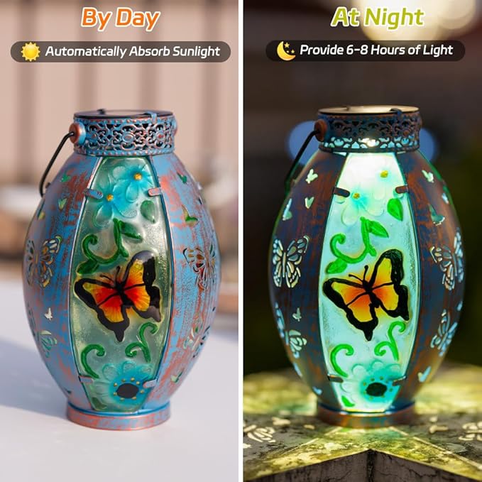 Butterfly Hanging Solar Lantern Outdoor Garden Decor Butterfly Lantern Memorial Gardening Gifts for Mom Grandma Solar Lights for Outside Waterproof Table Decor