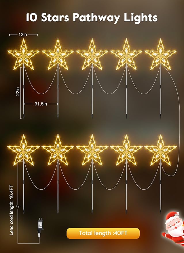 Brightown Pathway Lights Outdoor Christmas Decorations 2 Set Total 20-Pack Large Waterproof Stake Decorative Light for Outside Sidewalk Yard Lawn Path Walkway Driveway Marker Stake Warm White