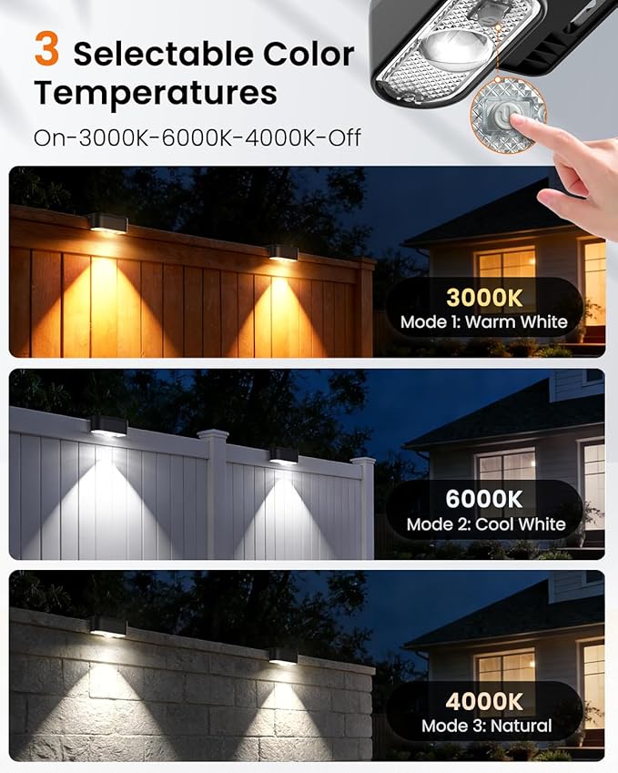 Solar Deck Lights Outdoor 8 Packs 3000/4000/6000K 3 Modes Solar Fence Lights outdoor Waterproof Solar Step Lights for outsidefor Deck Stair Step Fence Wall Patio Yard Pool and Pathway