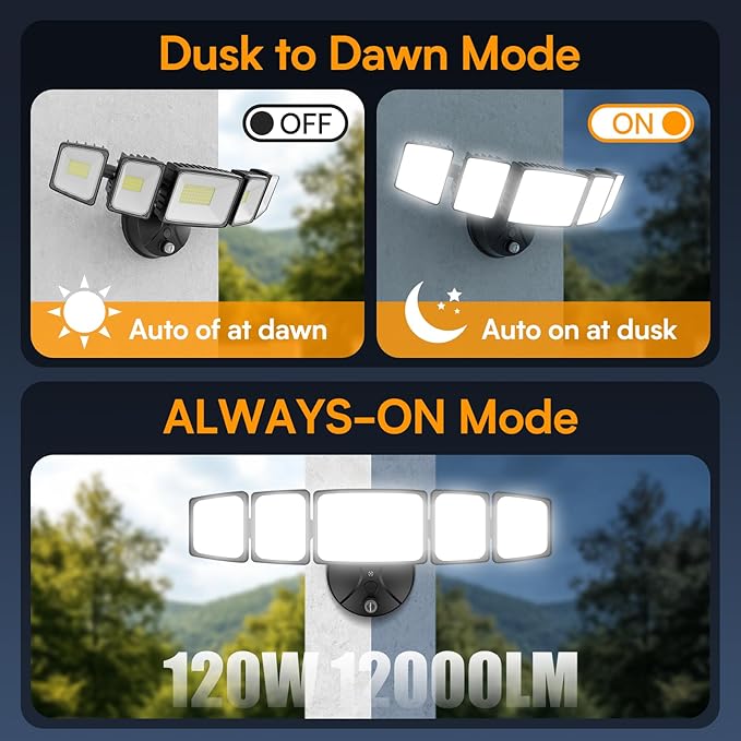 Onforu 120W 12000LM Dusk to Dawn Outdoor Lighting5 Heads Flood Lights Outdoor6500K Super Bright Automatic Outdoor LightingIP66 Waterproof Hardwired LED Security Lights for GarageYardOutside